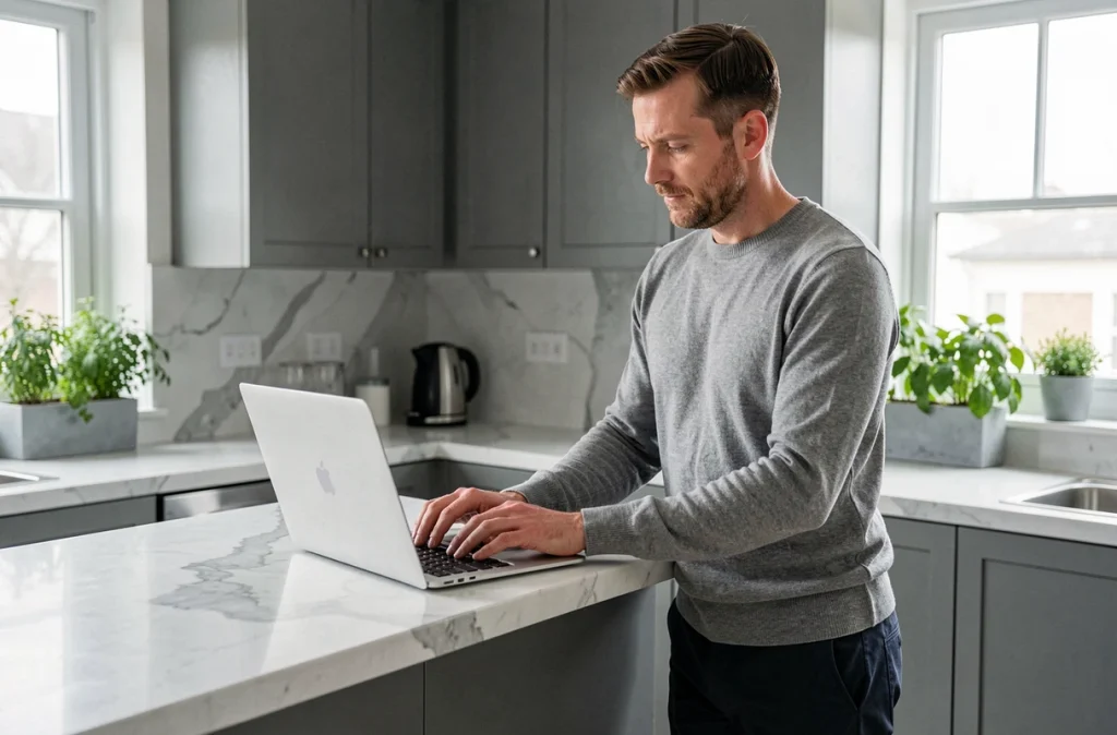Homme professionnel rédigeant une campagne d'emailing sur un ordinateur portable dans une cuisine moderne et lumineuse