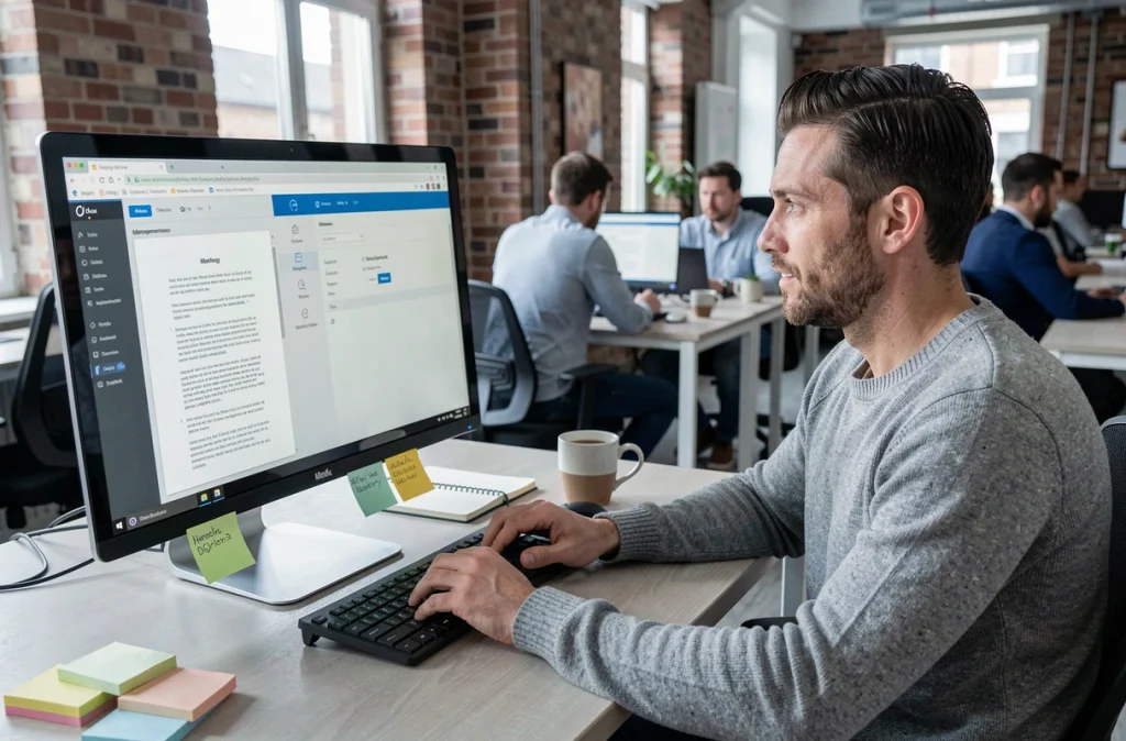 Homme téléchargeant des documents depuis son espace personnel MyPrimobox dans un espace de coworking moderne