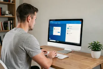 Homme comparant Windows Update et un gestionnaire de pilotes sur un ordinateur de bureau dans un bureau à domicile