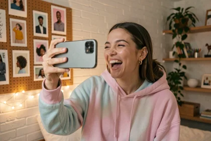 Jeune influenceuse filmant une vidéo TikTok dans sa chambre décorée, smartphone en main, expression naturelle et dynamique pour illustrer le marketing d'influence en 2024