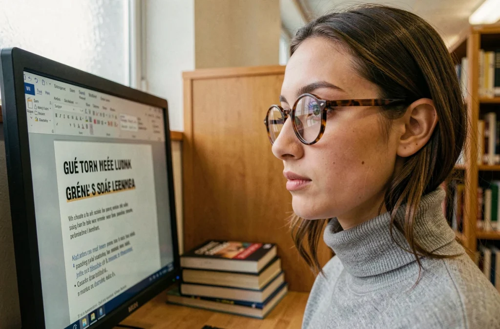Jeune femme avec lunettes regardant un écran affichant des caractères accentués majuscules comme le É en traitement de texte