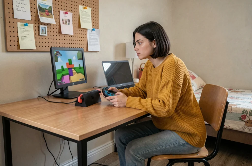 Jeune femme jouant à Roblox sur Nintendo Switch docké connecté à un écran dans une chambre étudiante