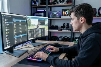 Joueur consulte la liste FiveM sur deux écrans pour rejoindre un serveur GTA V roleplay