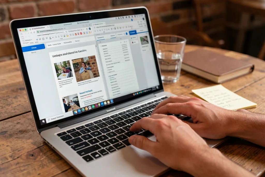 Mains tapant sur un clavier d'ordinateur portable pour insérer une photo dans un PDF sécurisé dans un café