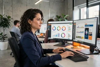 Marketeuse analysant des campagnes publicitaires personnalisées grâce à l'intelligence artificielle sur des écrans de données dans un bureau moderne
