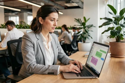 Une professionnelle utilise un outil de marketing conversationnel sur son ordinateur portable dans un bureau moderne