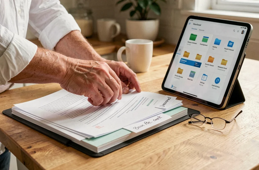 Mains organisant des documents archivés dans un classeur avec une tablette affichant un portail de gestion de documents en ligne