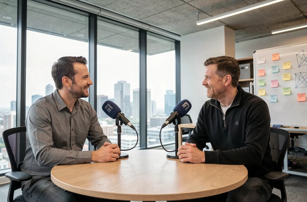 Deux professionnels enregistrant un podcast tech dans un bureau moderne avec microphones brandés et skyline urbain en arrière-plan