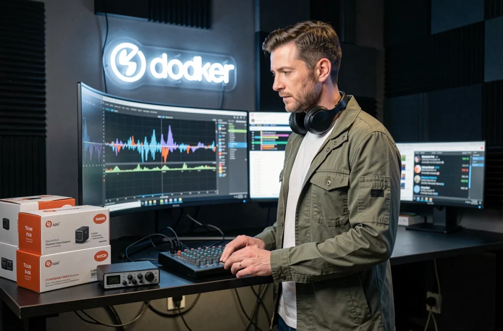 Producteur de podcast masculin debout dans une suite de production audio professionnelle analysant des formes d'ondes sur grand écran avec équipement de marque tech