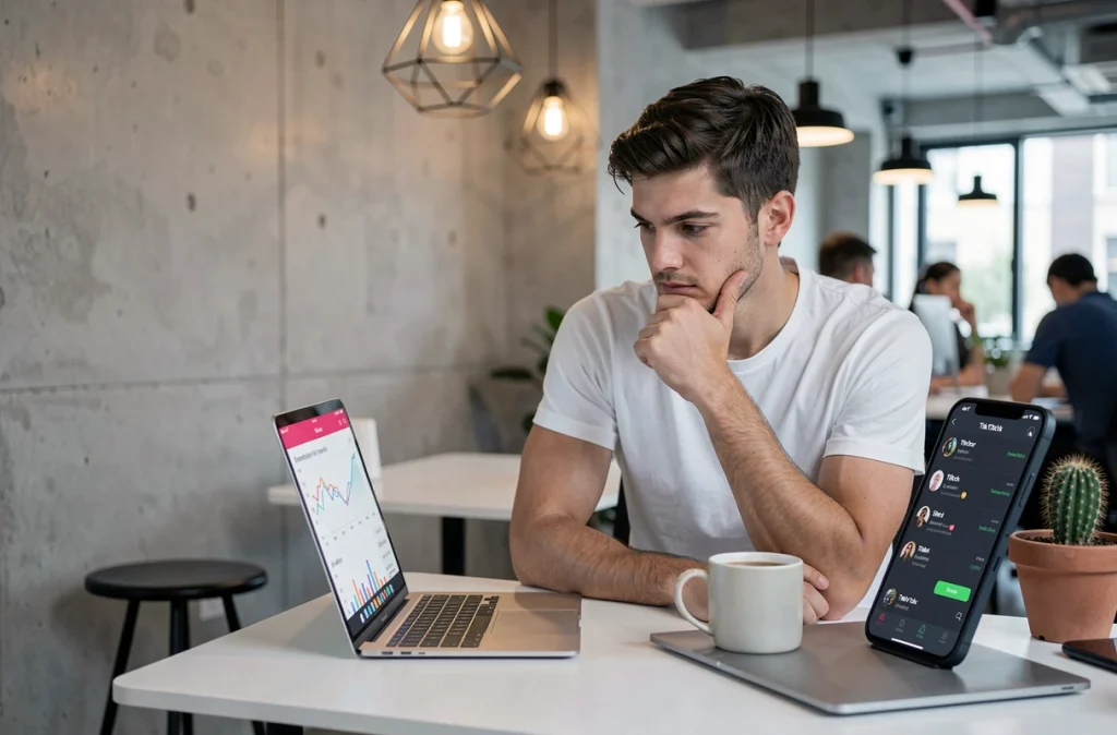 Jeune professionnel du marketing analysant les statistiques TikTok sur smartphone dans un espace de coworking moderne, illustrant les stratégies d'influence digitale en 2024