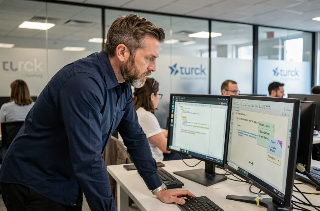 Homme travaillant sur un double écran avec des raccourcis clavier flèche dans un bureau open space professionnel