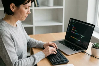 Femme utilisant un raccourci clavier avec des touches fléchées sur un clavier mécanique dans un bureau minimaliste