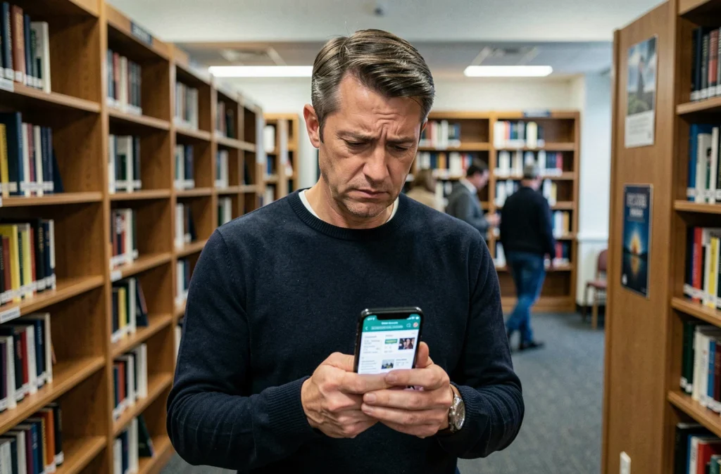 Homme cherchant un site web introuvable sur son smartphone dans une bibliothèque publique
