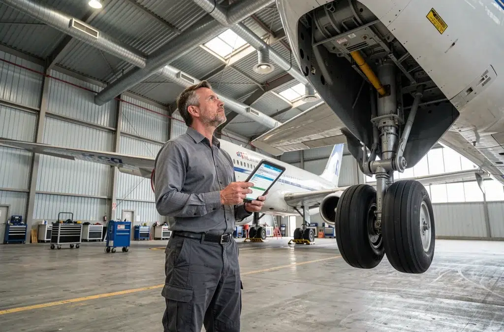 Technicien de maintenance aéronautique consultant une check-list numérique lors d'une inspection d'aéronef pour un audit CON