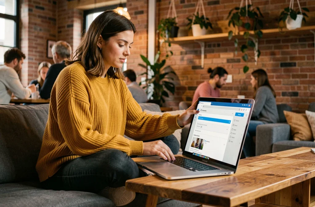 Jeune femme en train d'uploader des fichiers photos sur un navigateur web depuis un espace de co-working