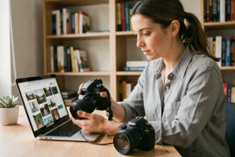 Femme téléchargeant des photos depuis un appareil photo DSLR vers un ordinateur portable dans un bureau à domicile