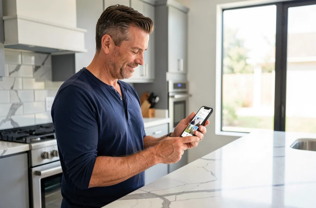 Homme sélectionnant des photos sur smartphone pour les uploader sur le web depuis une cuisine moderne