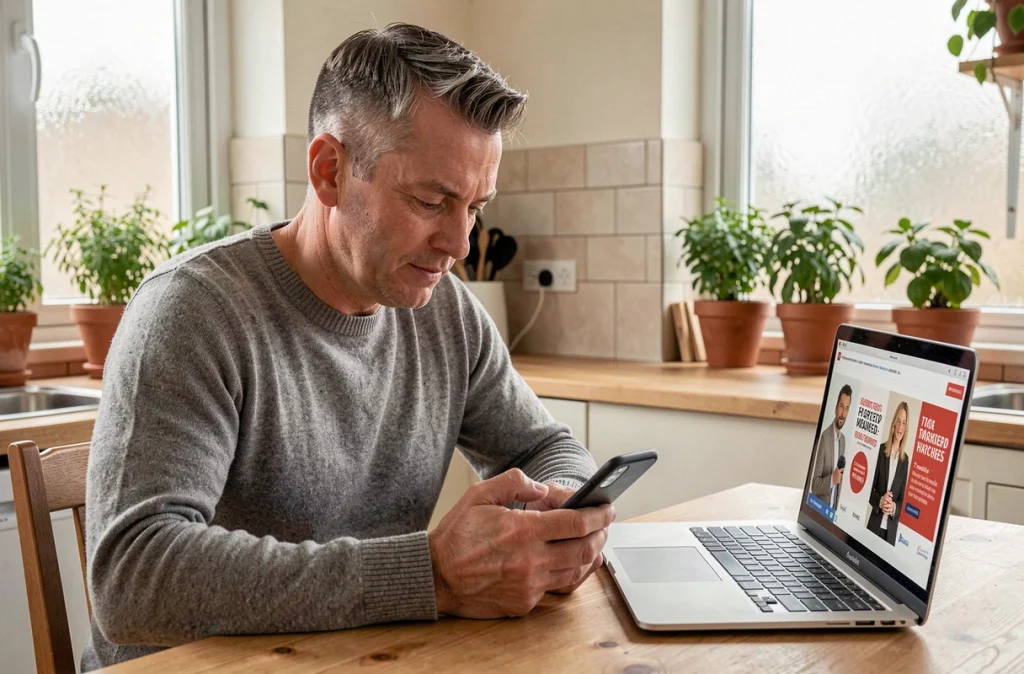 Homme consultant des publicités ciblées sur smartphone et ordinateur portable à domicile