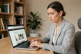 Femme vérifiant l'authenticité d'un site web sur son ordinateur portable dans un bureau à domicile