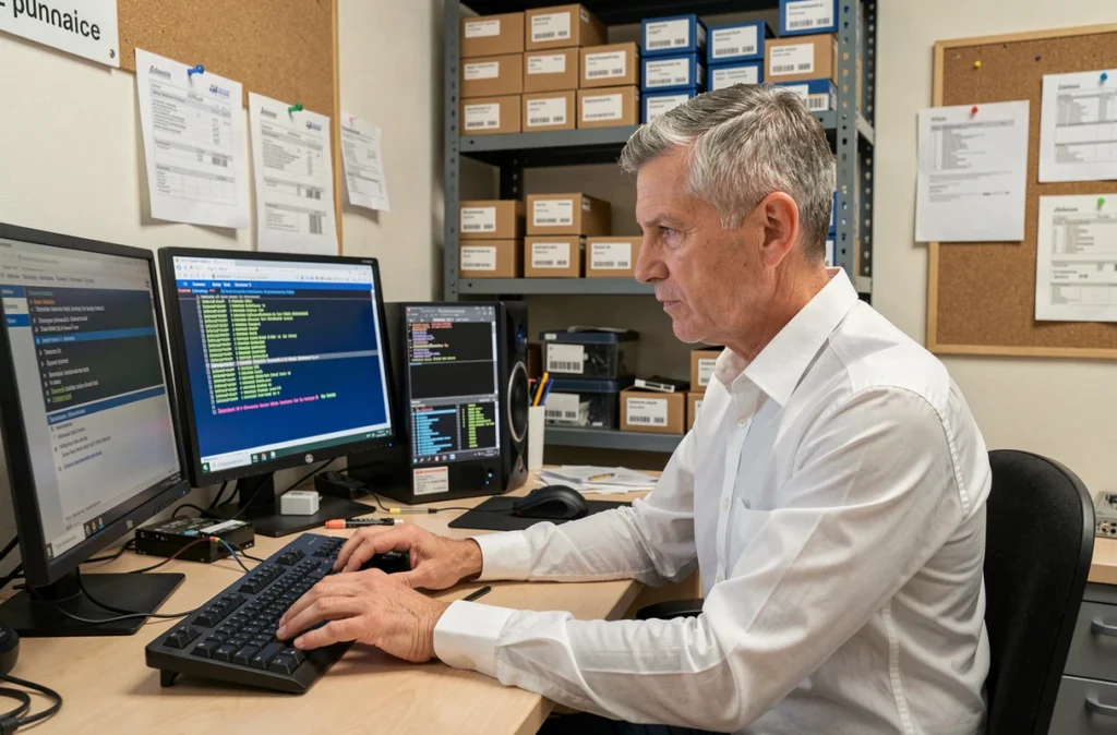 Technicien d'A.B.S. Informatiques analysant des journaux d'erreur système sur plusieurs écrans dans son bureau