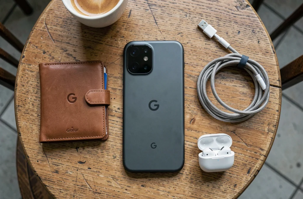 Pixel 6a entouré d'accessoires quotidiens sur une table de café en bois, vue de dessus