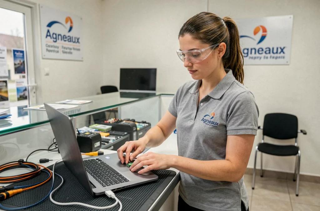Technicienne d'Agneaux Informatique connectant des câbles de diagnostic à un ordinateur portable dans la boutique
