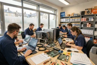 Vue d'ensemble d'un atelier de dépannage informatique professionnel dans la Manche avec des techniciens au travail