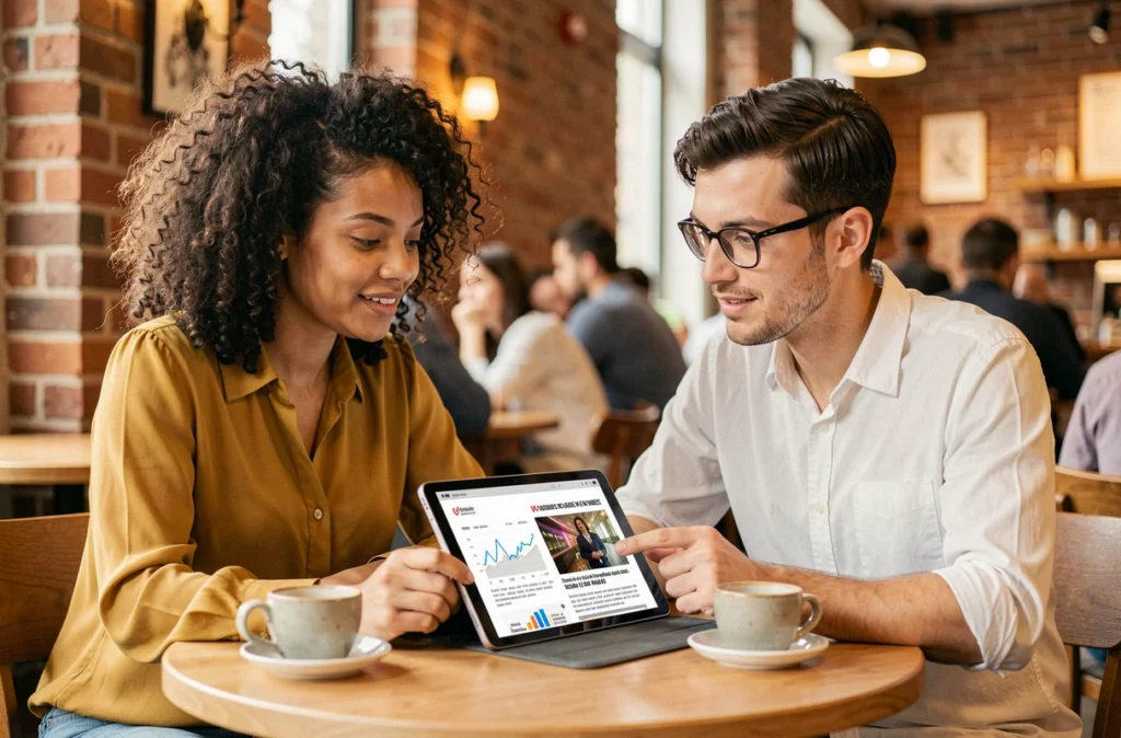 Deux jeunes adultes analysant ensemble du contenu rich media sur une tablette dans un café, illustrant le décryptage collaboratif de l'information complexe