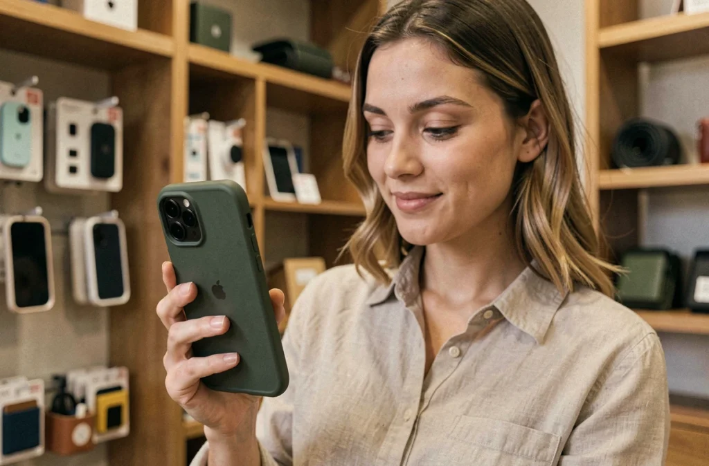 Femme tenant un Pixel 6a avec une coque robuste dans une boutique d'accessoires pour smartphones