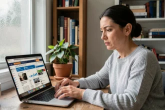 Femme consultant plusieurs sources d'information sur un ordinateur portable dans un bureau à domicile, illustrant la surcharge informationnelle et le rich media