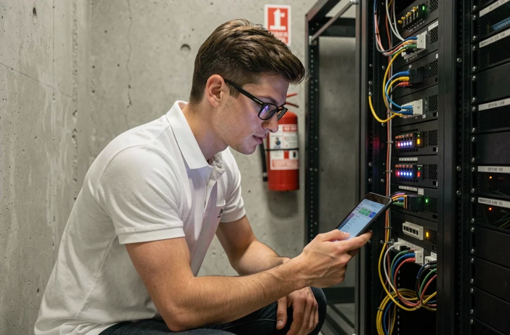 Technicien de FL Informatique effectuant un diagnostic réseau dans une salle serveur d'une petite entreprise