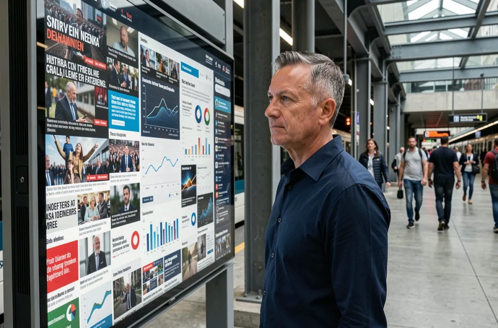 Homme face à un grand écran public diffusant du rich media dans un hall de transport urbain, symbolisant l'exposition quotidienne à l'information complexe