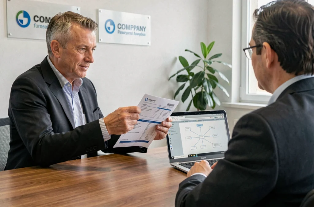 Représentant de Lacolley SARL Pro&Cie présentant des contrats de maintenance informatique à un client professionnel
