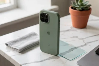 Pixel 6a posé sur du marbre avec une coque transparente et un protège-écran en verre trempé