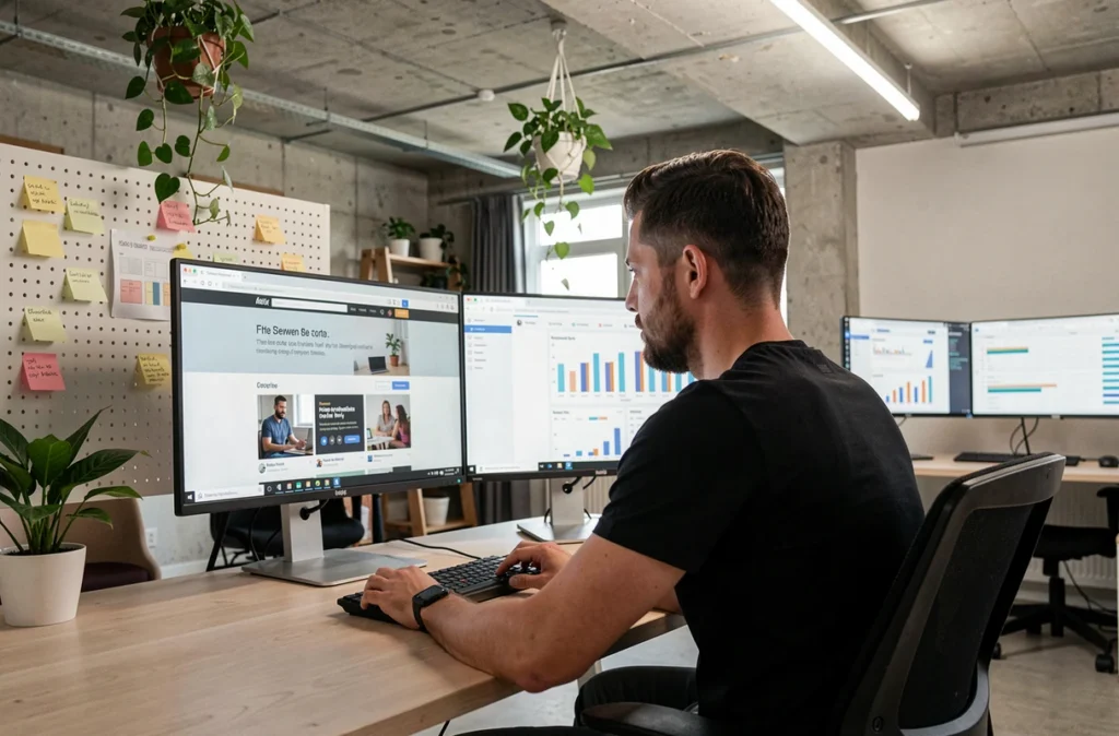 Designer de PulseCrea travaillant sur une création de site web et de graphiques numériques dans un studio moderne