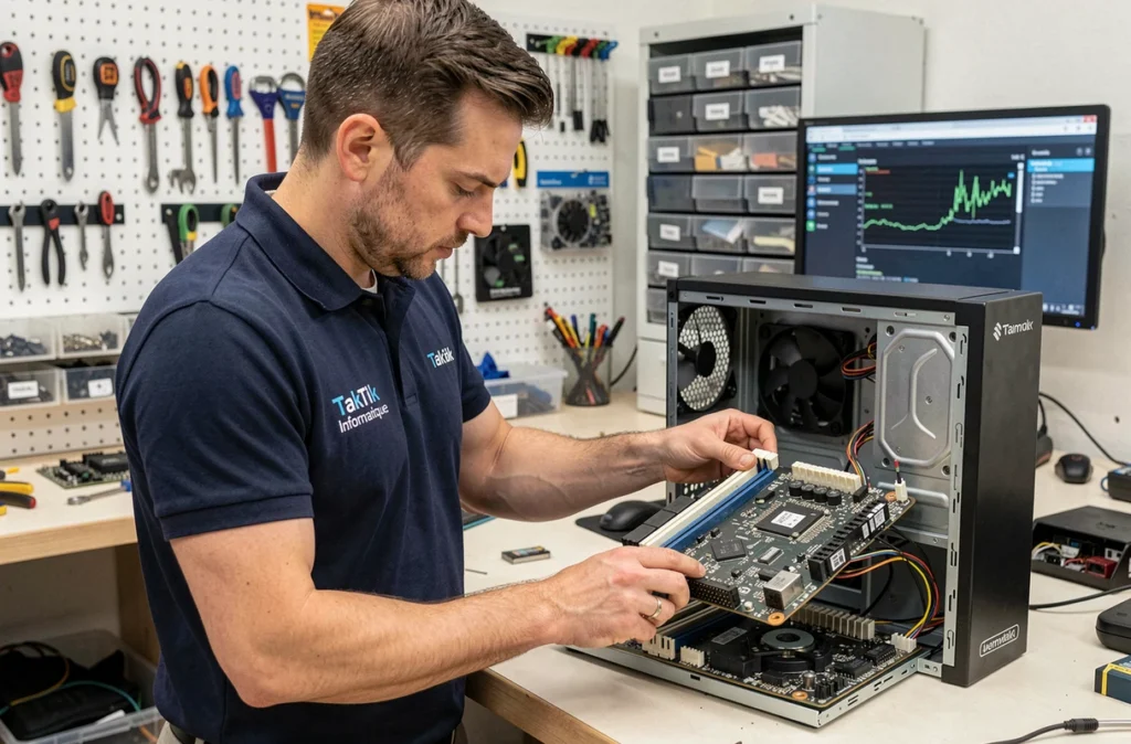 Technicien de TakTik Informatique inspectant une carte mère lors d'une réparation d'ordinateur dans un atelier professionnel