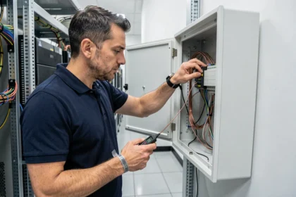Technicien réseau inspectant les connexions d'un point de distribution de branche ouvert dans une salle serveur