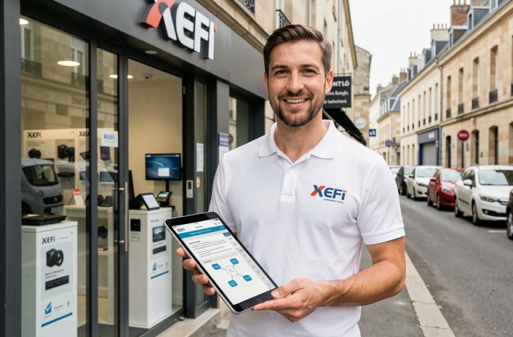 Spécialiste XEFI Saint-Lô devant la boutique avec une proposition de solution réseau sur tablette