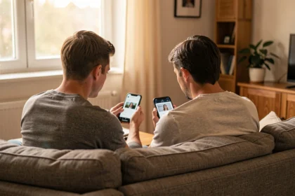 Deux amis regardant ensemble l'écran d'un smartphone