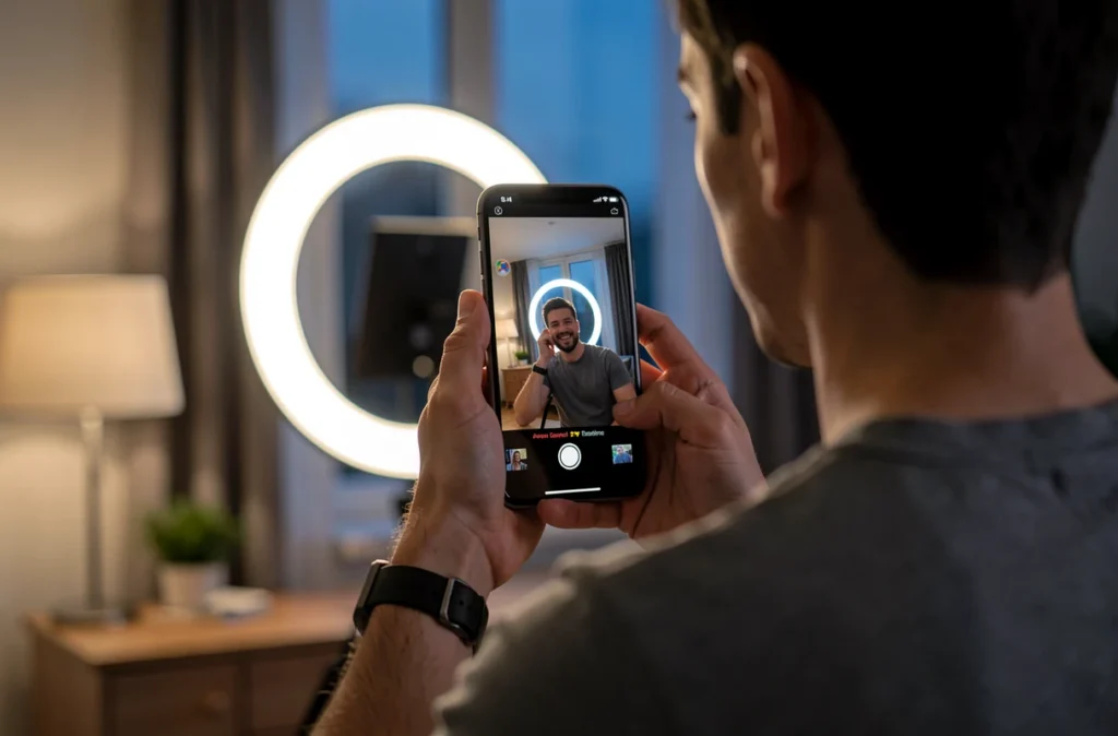 Personne en direct sur smartphone avec un anneau lumineux