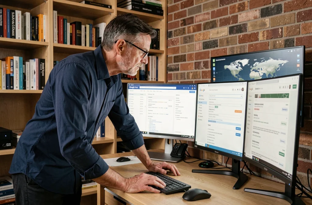 Expert en référencement international consultant les paramètres de géociblage Google américain sur plusieurs écrans dans un bureau à domicile