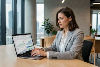 Professionnelle du SEO international configurant Google américain sur un ordinateur portable dans un bureau moderne